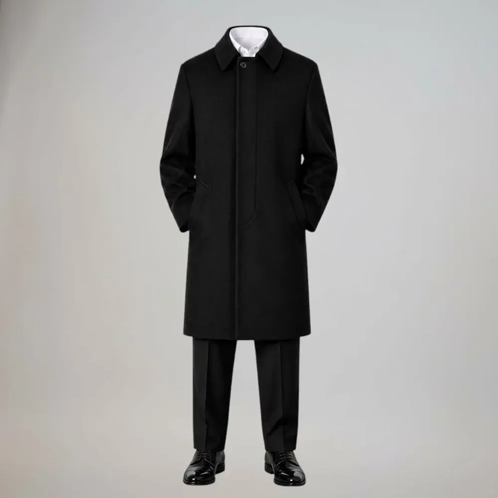 Jos A Bank Mens 44R Black Wool Topcoat Overcoat Knee-Length Walking Coat